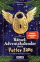 Titel: Das geheimnisvolle Rätsel-Adventskalender-Buch für Potter Fans. Goldenes Schloss mit Flügeln auf blauem Hintergrund., Buch