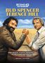 Illustration mit Texten: "SCENE 42 DAS FILMARCHIV", "BUD SPENCER TERENCE HILL", "VIER FÄUSTE, FLOTTE SPRÜCHE UND SCHALLENDE BACKPFEIFEN". Ein Armwrestling zwischen zwei Männern., Buch