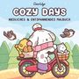 "Cozy Days: Cute & Comfy Coloring Book." Illustration: Ein Hund auf einem Roller mit Huhn, Brot und Katze, Vögel fliegen., Buch