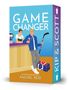 „GAME CHANGER“ und „RACHEL REID“. Zwei Männer an einer Theke; einer hält einen Hockeyschläger und Drink. Illustration., Buch