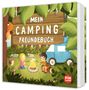 "MEIN CAMPING FREUNDEBUCH" auf einem Holzschild. Kinder grillen Marshmallows am Lagerfeuer, Baum und Auto im Hintergrund., Buch