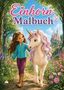 „Einhorn Malbuch“. Illustration: Ein Mädchen spaziert mit einem Einhorn auf einem Waldweg; im Hintergrund ein Schloss., Buch