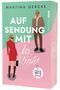 "Auf Sendung mit Mr. Right" von Martina Gercke. Illustration: Frau in Rot, Mann in Jacke auf rosa-günem Hintergrund., Buch