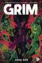 Titel: GRIM. Autoren: Stephanie Phillips, Flaviano. Band Vier. Eine düstere Figur hält eine Sense, umgeben von zersplitterten Bildern., Buch