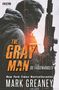 "The Gray Man: Die Frauenhändler" von Mark Greaney. Silhouette eines Mannes in Jacke mit Gewehr, intensives Lichtspiel., Buch