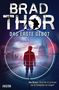 BRAD THOR, DAS ERSTE GEBOT. Silhouette einer Person im Fadenkreuz vor Stadt- und Kuppelgebäude. Zitat von Dan Brown., Buch