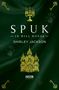 „SPUK IN HILL HOUSE“, „SHIRLEY JACKSON“. Ein gelbes Herrenhaus, Kerzenständer, Schlüssel und Handabdrücke auf dunklem Hintergrund., Buch
