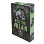 "Kiss the Villain", "Dark Romance", "Vajona". Eine Buchhülle mit Totenschädel, Hörnern, blühenden Blumen und Ornamenten.
