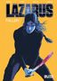 Text: "LAZARUS FALLEN 1". Illustration: Eine Person mit blauem Gesicht und Schwert, gelber Hintergrund., Buch