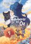 Der Zauberer von Oz. Illustration eines Mädchens mit blauem Haar und Hund, begleitet von Löwe, Vogelscheuche und Blechmann., Buch