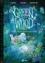 "Green Wood, Band 4: Das Geheimnis des Teiches." Illustration von Tieren in einem mystischen Wald, die einen Teich betrachten.
