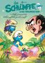 Die Wörter "Die Schlümpfe & das verlorene Dorf" sind oben. Eine Szenerie zeigt blaue Figuren, Pflanzen und einen fliegenden Schmetterling., Buch