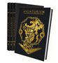 „AVENTURIEN – Das Lexikon des Schwarzen Auges“ steht auf einem Buchcover mit goldener Illustration eines Buches fliegender Blätter., Buch