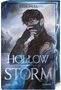 Texte: "JULIA PAUSS", "HOLLOW STORM", "ROMAN", "more". Illustration: Junge mit Maske, Berge, stürmischer Himmel., Buch