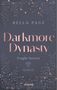 Text: "Darkmore Dynasty", "Bella Page", "Fragile Secrets", "ROMAN", "more". Florales Muster mit glühenden Partikeln.