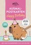 Text: "pen 2 nature, AUSMAL-POSTKARTEN, Happy Birthday, 20 Karten, FÜR MEHR BÄUME...". Illustration eines Capybara mit Partyhut., Buch
