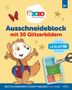 „Ausschneideblock mit 30 Glitzerbildern“ steht in funkelndem Text. Ein fröhlicher Biber in blauer Hose breitet die Arme aus., Buch