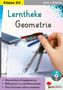 Klasse 3/4, Lerntheke Geometrie. Hand mit Zirkel auf kariertem Papier, geometrische Zeichnung, Bleistifte, Taschenrechner., Buch