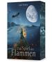 "Das Spiel der Flammen" von April Wynter. Eine Person mit Flammen umgeben, hinter ihr eine große Mondlandschaft und Drachen.