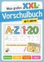 "Mein großes XXL-Vorschulbuch ab 5 Jahren. A-Z 1-20. Mit Urkunden zum Ausmalen. Buchstaben, Zahlen, Schwungübungen & Formen, Rätsel." Illustration mit buntem, kinderfreundlichem Design und Symbolen wie einer Biene und einem Stift., Buch