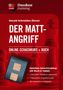 „ChessBase training“, „Der Mattangriff“, Schachfiguren und Tablet mit Schachbrett, roter Hintergrund., Buch