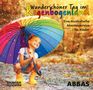 "Wunderschöner Tag im Regenbogenland. Eine musikalische Abenteuerreise für Kinder." Ein fröhliches Kind mit buntem Regenschirm., CD
