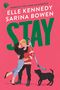 Text: "Übersetzt von Anne Sommerfeld. Elle Kennedy, Sarina Bowen. Stay." Illustration: Paar tanzt, Mann hält Hockeyschläger, Hund., Buch