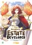 "The Greatest Estate Developer" steht vorne. Eine rothaarige Person in edler Kleidung ist umgeben von roten Bannern mit goldenen Drachen., Buch