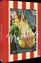 „Markttag“, Autorin Sarah Golbaz, Rezepte frisch vom Wochenmarkt. Korb voller Gemüse. Rote Streifen als Hintergrund., Buch