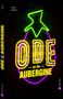 Text: "ODE an die AUBERGINE", "JIGAL KRANT". Eine neonartige Darstellung einer Aubergine., Buch