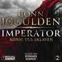 Text: Conn Iggulden, Imperator, König der Sklaven, gelesen von Reinhard Kuhnert, Rōnin Hörverlag. Ein Krieger in Rüstung im Regen., MP3-CD