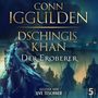 "Conn Iggulden. Dschingis Khan. Der Eroberer. Gelesen von Uve Teschner." Krieger auf Pferden, wolkenverhangener Himmel., MP3-CD