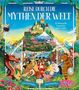 Buchtitel "Reise durch die Mythen der Welt". Bunte Illustration mit Drachen, Figuren und einem Berg mit Tempeln., Buch