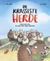 Text: "Die krasseste Herde – Oder der Tag, an dem der Zaun krachte." Eine Herde Schafe, ein Widder kaut Gras., Buch