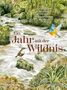 „Ein Jahr mit der Wildnis“ steht groß im Vordergrund. Illustration mit Vogel an einem Fluss in grüner Landschaft., Buch