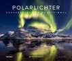 "Polarlichter – Sonnenzauber am Nachthimmel" steht oben. Eine winterliche Landschaft mit weißen Bergen und grünen Polarlichtern., Buch