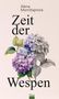 Text: "Alena Mornštajnová, Zeit der Wespen, Wieser." 
Illustration: Bunte und schwarz-weiße Hortensienblüten mit Wespen., Buch