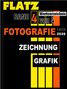 "FLATZ, BAND 4, Werkverzeichnis von 4, FOTOGRAFIE 1972-2026, ZEICHNUNG, GRAFIK". Schwarzer Hintergrund, farbige Schrift.
