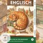 "Englisch mit lustigen Kurzgeschichten. Nine Lives in the Bookshop. Neun Leben in der Buchhandlung." 

Illustration: Schläfrige Katze auf einer Buchhandlung in einem Dorf., Buch