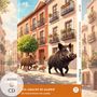 Los Jabalíes de Madrid. Die Wildschweine von Madrid. Illustration: Wildschweine rennen durch eine europäische Straße., Buch