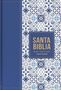 "SANTA BIBLIA, Reina Valera 1960, Letra Grande" in Blau-Gold auf blauem Rechteck, filigrane weiße und blaue Muster., Buch
