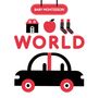 "Baby Montessori World", Illustration mit Haus, Apfel, Socken und Auto in Rot und Schwarz., Buch