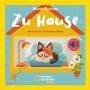 "Weisses Rauschen: Zu Hause. Illustrationen von Francesca Sudano. Drück den Knopf!" zeigt eine Katze in einem Haus., Buch