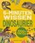 Text: "5-MINUTEN WISSEN DINOSAURIER 1000+ FAKTEN". Illustration mit Dinosauriern und Blättern auf gelbem Hintergrund., Buch