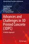 Titel: "Advances and Challenges in 3D Printed Concrete (3DPC)". Autoren: Ajay Chourasia, Biswajit Pal, Ashish Kapoor, R. Pradeep Kumar. Hintergrund: dynamische, überlappende Linien auf rotem und dunkelblauem Hintergrund. Markante Farben und ein modernes Design., Buch