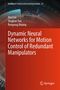 Titel: "Dynamic Neural Networks for Motion Control of Redundant Manipulators". Autoren: Mei Liu, Jingkun Yan, Renpeng Huang. Hintergrund: Abstraktes technisches Muster auf rotem Grund. Verlagslogo unten., Buch