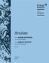 Text: "Brahms, Gesang der Parzen, Song of the Fates, op. 89." Links florale Verzierungen und Figuren in monochromem Blau., Noten