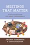 "MEETINGS THAT MATTER" zeigt eine Illustration von Menschen, die an einem runden Tisch arbeiten, mit Laptops und Notizen.