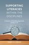 "SUPPORTING LITERACIES WITHIN THE DISCIPLINES" auf einem blauen Hintergrund, eine Lupe und ein offenes Buch.