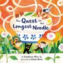 Text: „The Quest for the Longest Noodle“. Illustration mit Kindern, Katze und einer großen Nudelschüssel., Buch